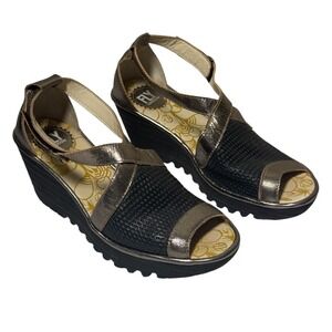 FLY LONDON YACE Wedge Sandals Perforated Black Leather Bronze Metallic Size 9.5